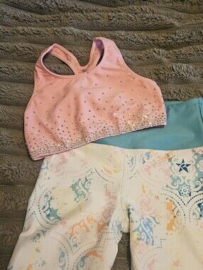 Pink Rhinestone Crop Sports Bra and Pastel Patterned Leggings Set